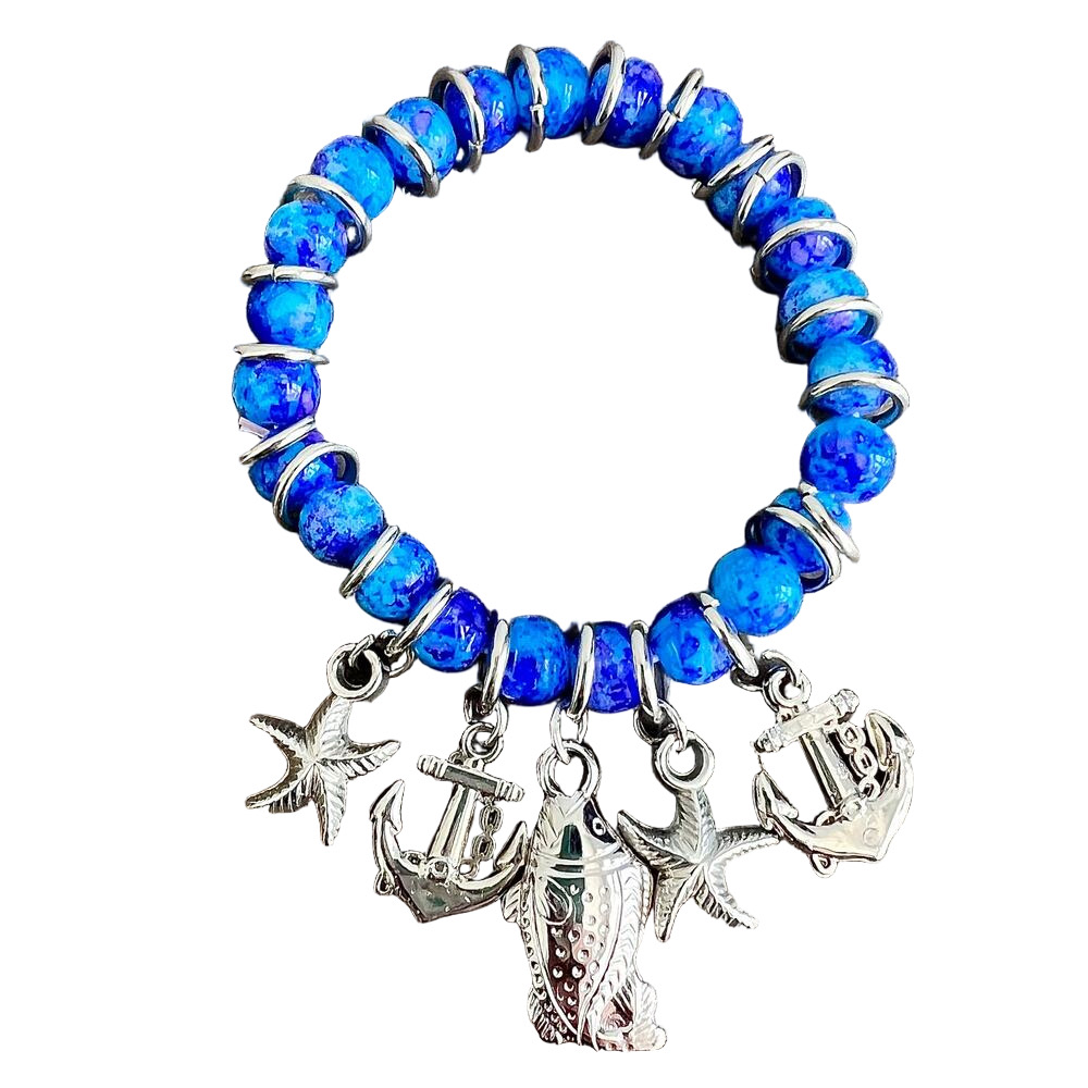Vibrant Marbled Blue Bead Stretch Bracelet with Anchor Starfish and Fish Charms